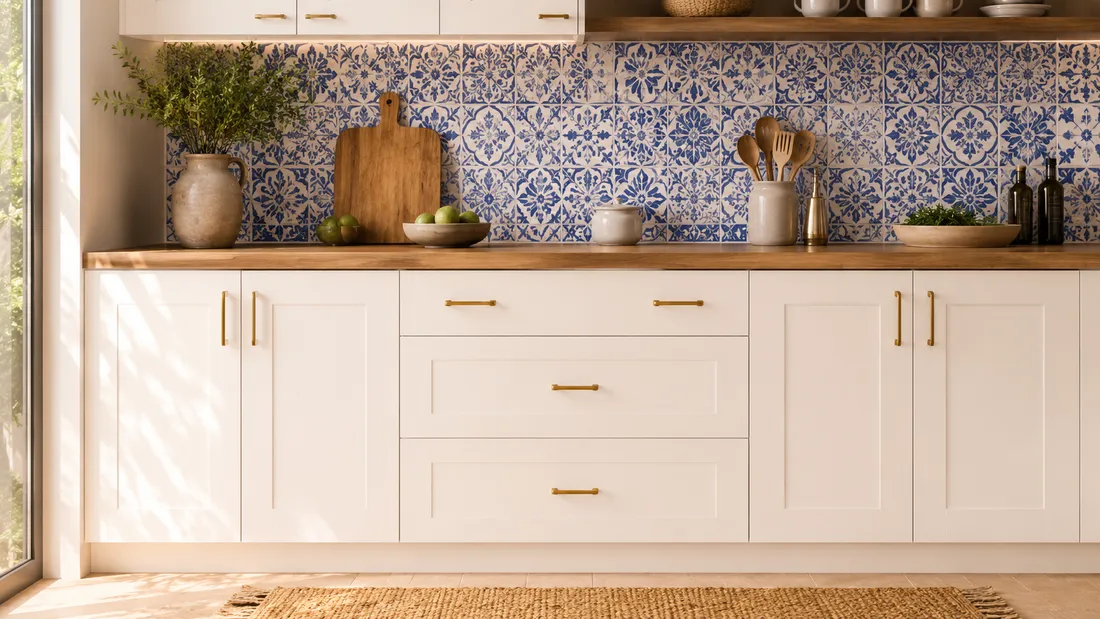 Cocina clásica blanca con cubierta de madera y azulejo talavera azul