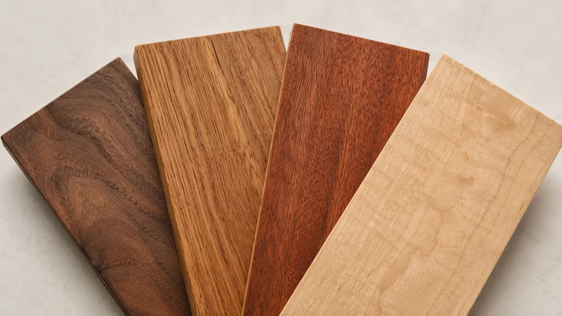 Muestras de maderas nobles: nogal, encino, tzalam y maple